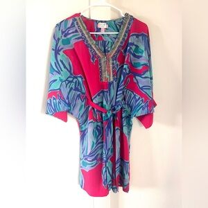 XS Lilly Pulitzer pink with blue floral design dress- belted waist